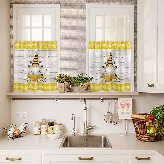 Yellow Gnomes Kitchen Curtains Set 3 Piece