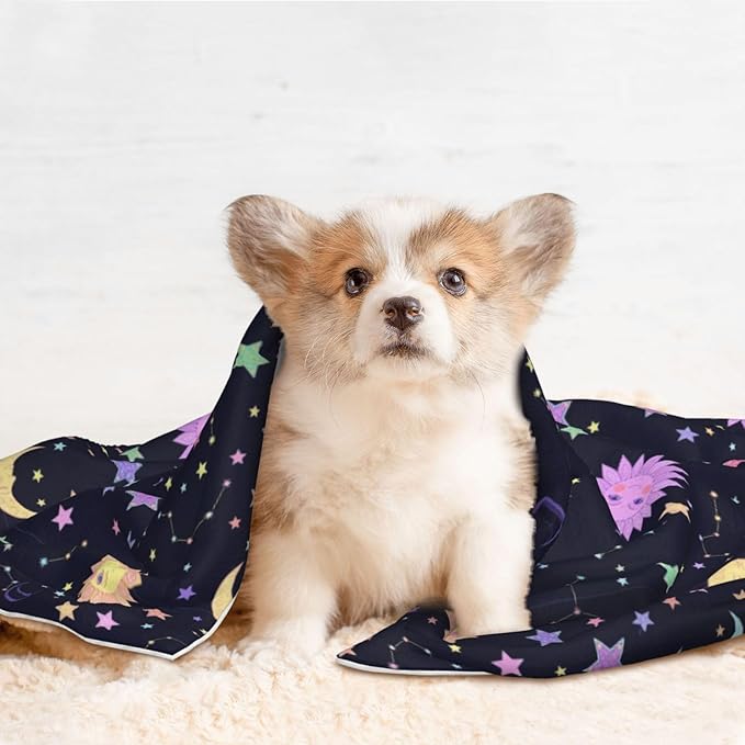Two Sided Plush Pet Blanket for Warmth Comfort, Trippy Sun Moon Stars, Reversible Throw with Cozy Nubby Side for Chilly Nights Napping Spots Around House