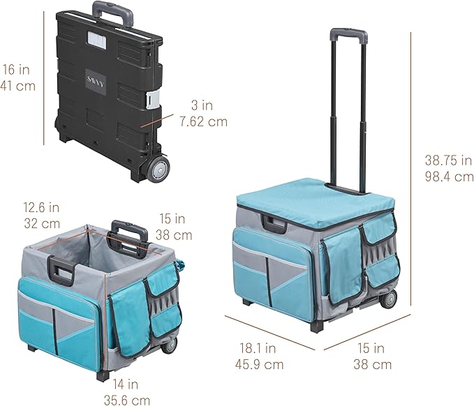 Mobile Utility Cart with Storage Organizer Bag, Rolling Cart, Turquoise/Grey