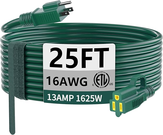 HUANCHAIN Indoor Outdoor Green Extension Cord 25 ft Waterproof, 16/3 Gauge Flexible Cold-Resistant Appliance Extension Cord Outside, 13A 1625W 16AWG SJTW, 3 Prong Electric Cable, ETL