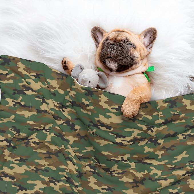 Double Sided Pet Bed Blanket for Added Cushion Warmth, Green Camouflage Army Camo, Reversible Cover with Textured Dot Surface for Existing Beds Standalone Mat