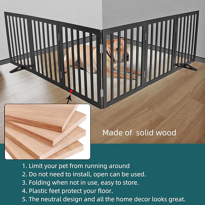 ZJSF Freestanding Indoor Dog Gate for House Foldable Wood Puppy Gate for Doorways Pet Gate for Stairs Extra Wide Pet Fence, Black, 24" Height 6 Panels