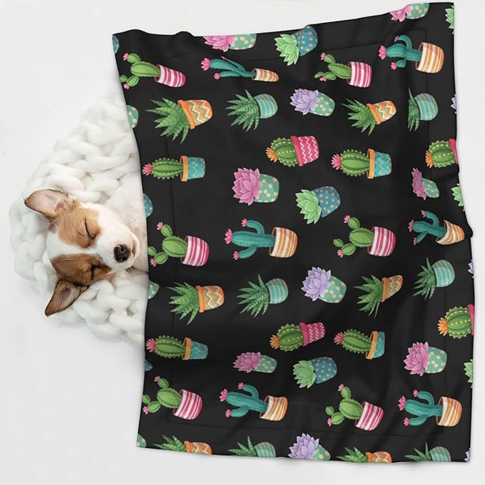 Double Sided Plush Pet Blanket for Small Large Animals, Succulent Cactus Potted Plants, Reversible Throw with Dimpled Dot Side and Flat Side for Kennels Living Rooms