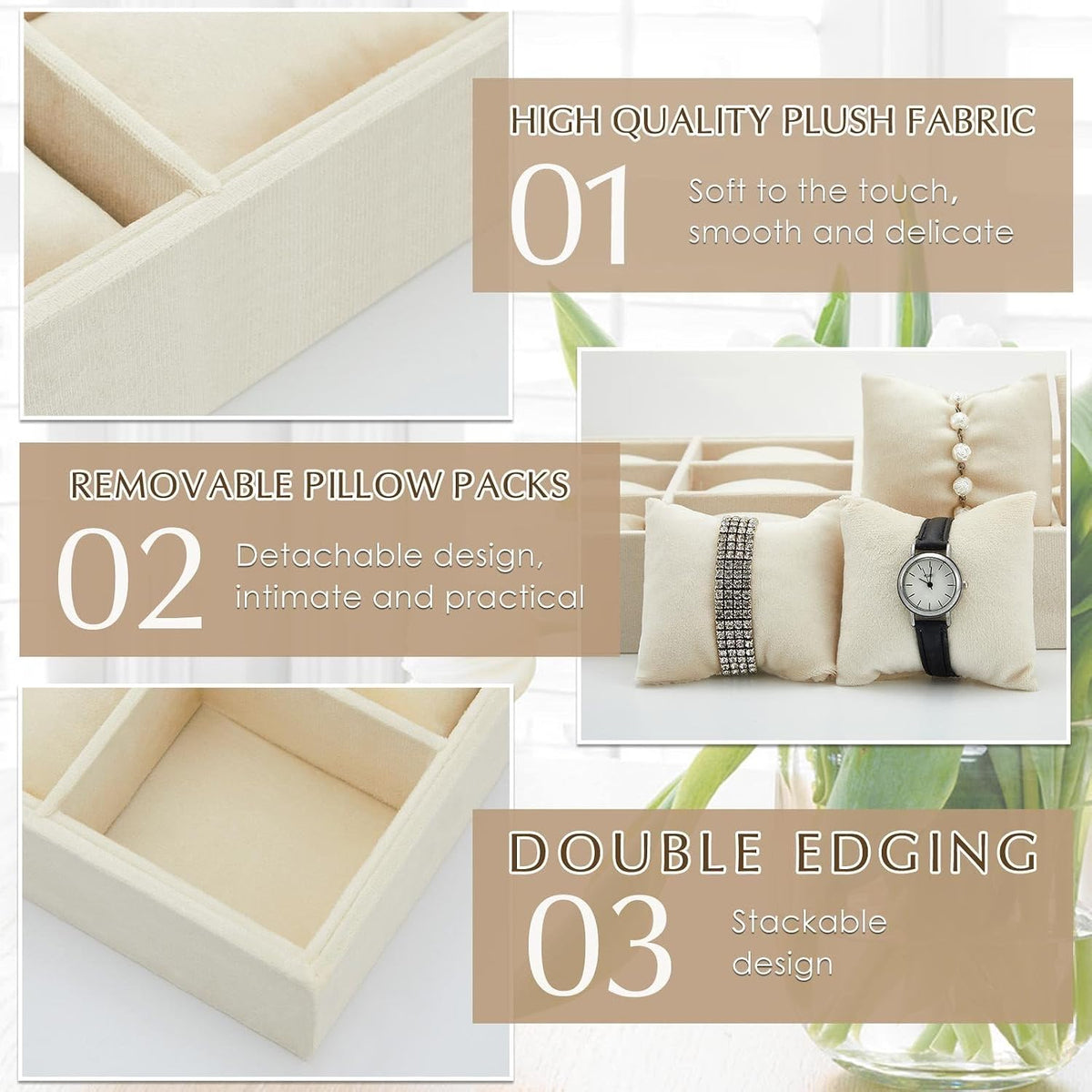 Henoyso 12 Grid 2 Pack Watch Organizer Drawer Bangle Tray Stackable Beige