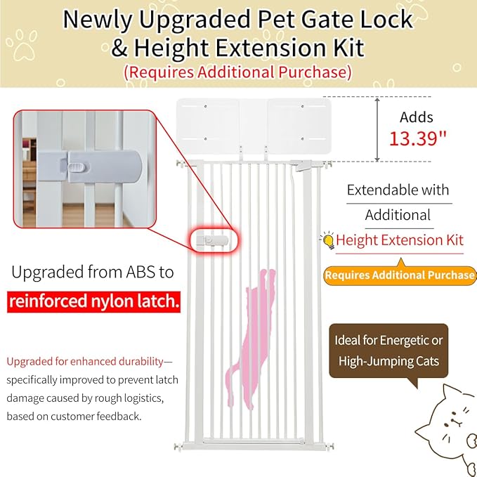 Lumizone Extra Tall Cat Gate 61.02" High Pressure Mounted Extra Wide 2025 New (17 Sizes) 1.37" Gap No Drilling Auto-Close One-Handed Operation Tall Pet Gate for Dogs(White, 61.02" H x 29.92"-34.24" W)