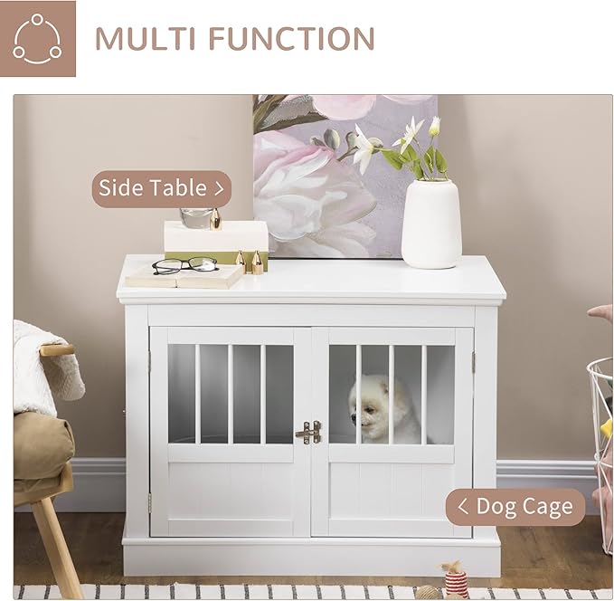 PawHut Dog Crate End Table with Triple Doors, Wooden Dog Crate Furniture Indoor Use, Puppy Crate for Small Dogs, White