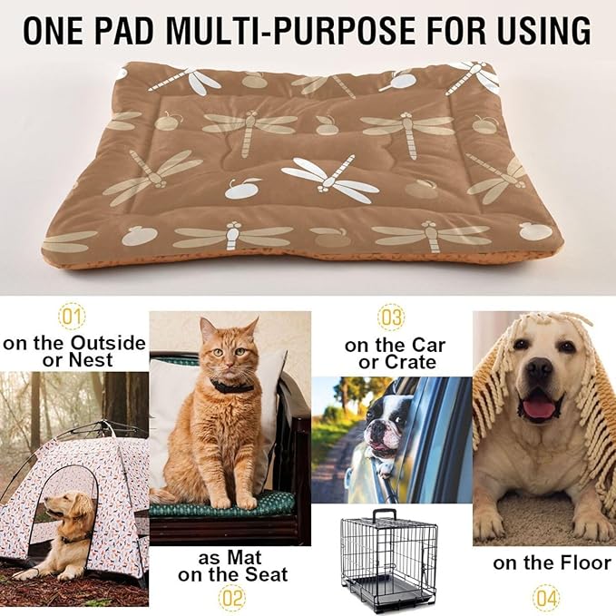 Emelivor Dragonflies Brown Dog Cat Bed Washable Crate Pet Bed Anti-Slip Comfortable Dog Kennel Crate Mat for Medium Large Small Dogs Cats, 24x18in