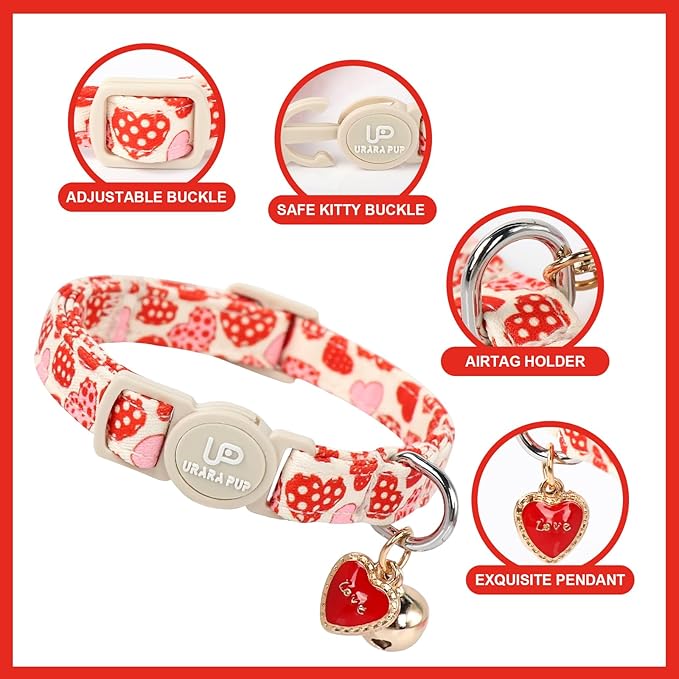 Cat Collar, 2Pack Valentine's Day Cat Collars-Cute Breakaway Cat Collar with Bell & Pendant, Sweet Heart Kitten Collars Pink Hearts with Safety Buckle for Girl and Boy Cats, 7-12Inch