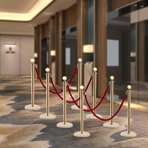 8 Pcs Stanchions with Red Velvet Ropes Set, 4 Red Velvet Ropes and 8 Stainless Steel Posts with Base, Runner Poles for Red Carpet Party Decoration Crowd Control Barriers (Golden)