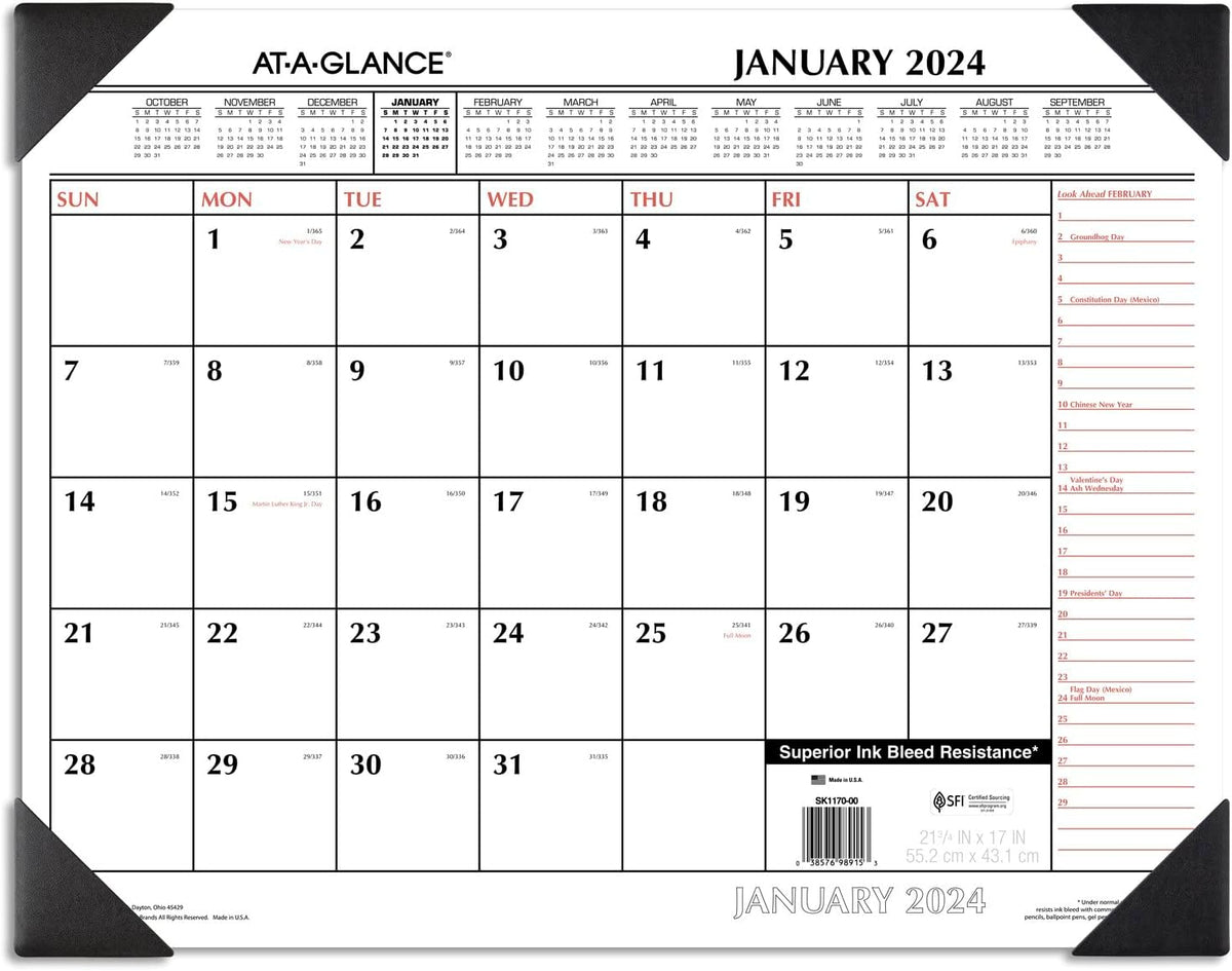 AT-A-GLANCE 2024 Desk Calendar, Monthly Desk Pad, 21-3/4" x 17", Standard, Two-Color (SK11700024)