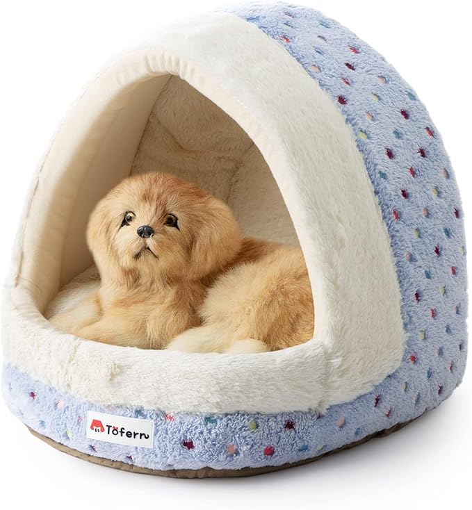 Tofern Dog Beds for Small Dog Cats Colorful Dots Pattern Striped Cute Fleece Warm Washable Igloo Pet Bed with Removable Cover