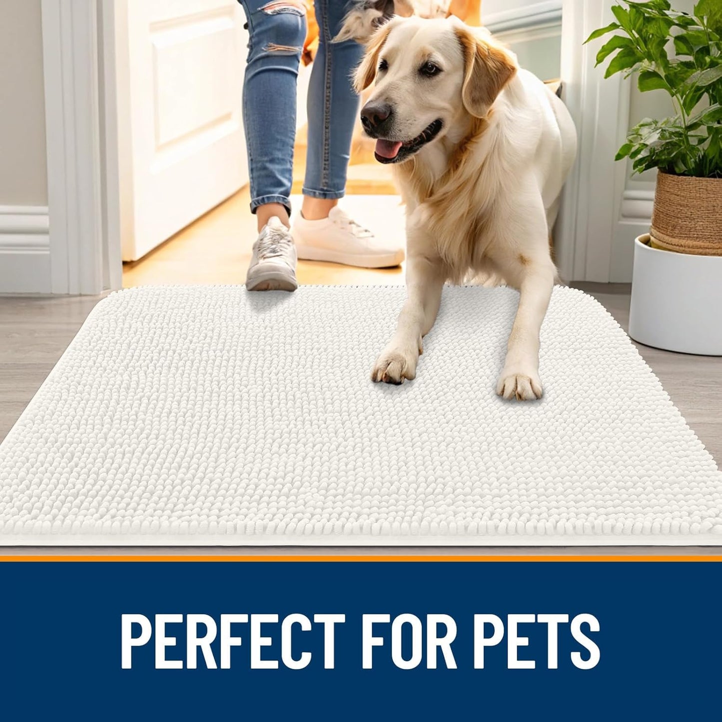 OLANLY Dog Door Mat for Muddy Paws 59x32, Absorbs Moisture and Dirt, Absorbent Non-Slip Washable Doormat, Quick Dry Chenille Mud Mat for Dogs, Entry Indoor Entryway Carpet for Inside Floor, Ivory