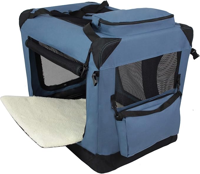 EliteField 3-Door Folding Soft Dog Crate with Carrying Bag and Fleece Bed (2 Year Warranty), Indoor & Outdoor Pet Home (24" L x 18" W x 21" H, Blue Gray)