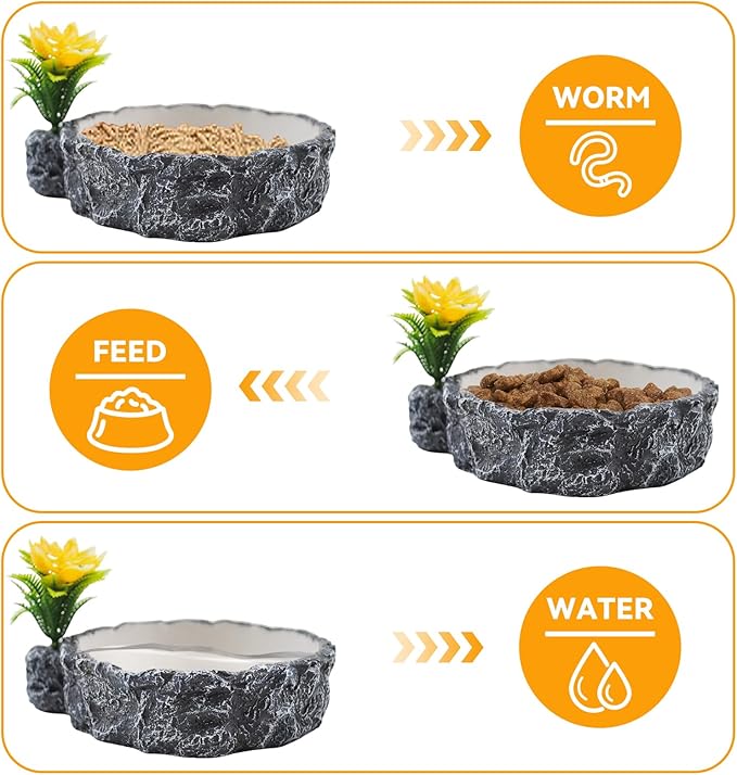 Reptile Food Bowl with Artificial Plant,Rock Reptile Water Dish Bearded Dragon Feed Terrariums Dish for Snake Tortoise Chameleon Hermit Crabs Turtle Leopard Gecko Frog