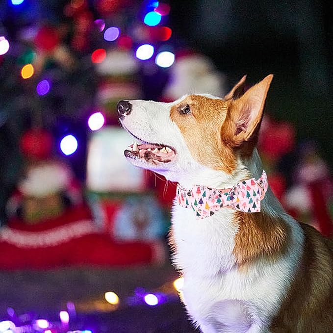 Christmas Dog Collar, Pink Christmas Tree Soft Comfortable Collars with Bow Adjustable Pet Collar with Premium Metal Buckle Dog Necklace for X-Large Girl Dogs