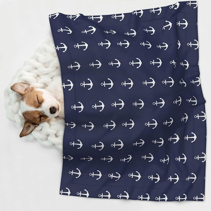 Pet Blanket for Car Rides Vet Visits, Nautical Anchor Navy, Two Sided Reversible Plush Design with Bumpy Dot Side Offers Comfort Home Piece On Go Travel