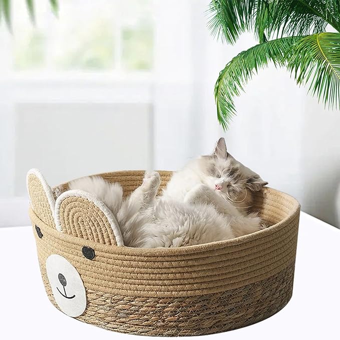 Pet Bed Woven Basket with Detachable Cushion Cartoon Bear Theme Bed Dog Detachable Cushion Nest Pet Furniture