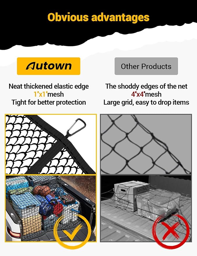 Cargo Net for Pickup Truck Bed - Stretchable 4'x4' to 7'x7', High Elastic Fine Mesh 1''x1'' with 8 Metal Carabiners - Ideal for ATV, SUV, UTV, Truck and Boat Use (Single Layer)