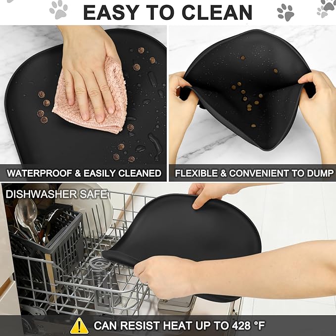 Small Silicone Pet Food Mat with Raised Edge for Food and Water Bowl, Square Dog Feeding Mats, Cat Food Trays for Floor Waterproof, Rubber Tray for Dogs and Cats, 12 x 12 x 0.7 Black