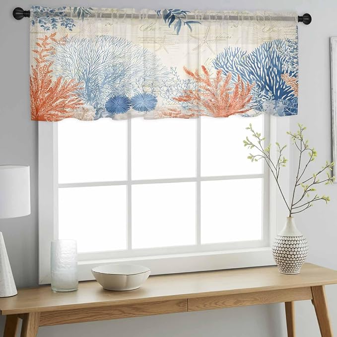 Ocean Corals Sheer Valance Curtains, Summer Beach Coral Sea Stars Retro Texture