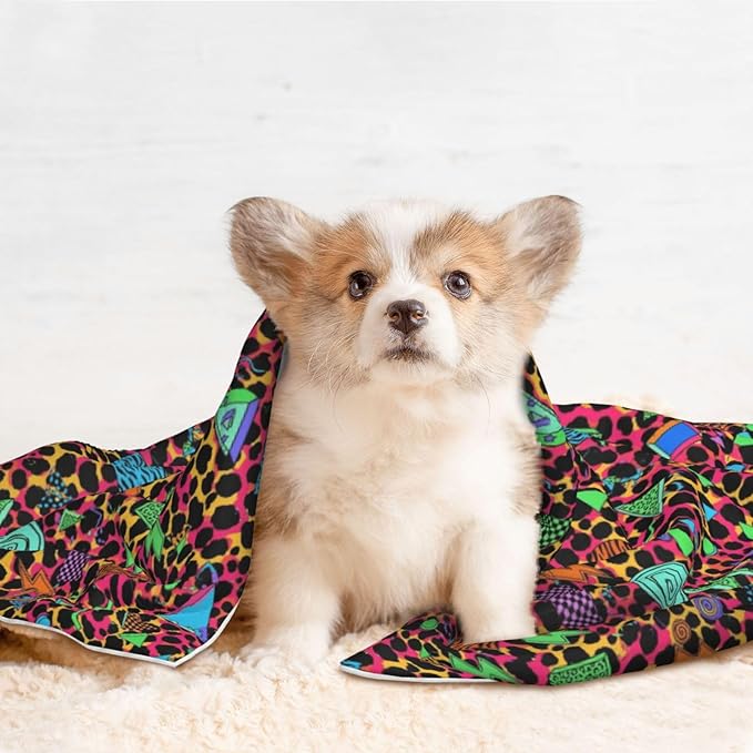 Dog Cat Blanket Double Sided, Geometric Checkered Zebra Tiger Leopard Print Hot Pink Vintage Retro 80S 90S, Plush with Raised Dot Pattern and Smooth Reverse for Cuddling