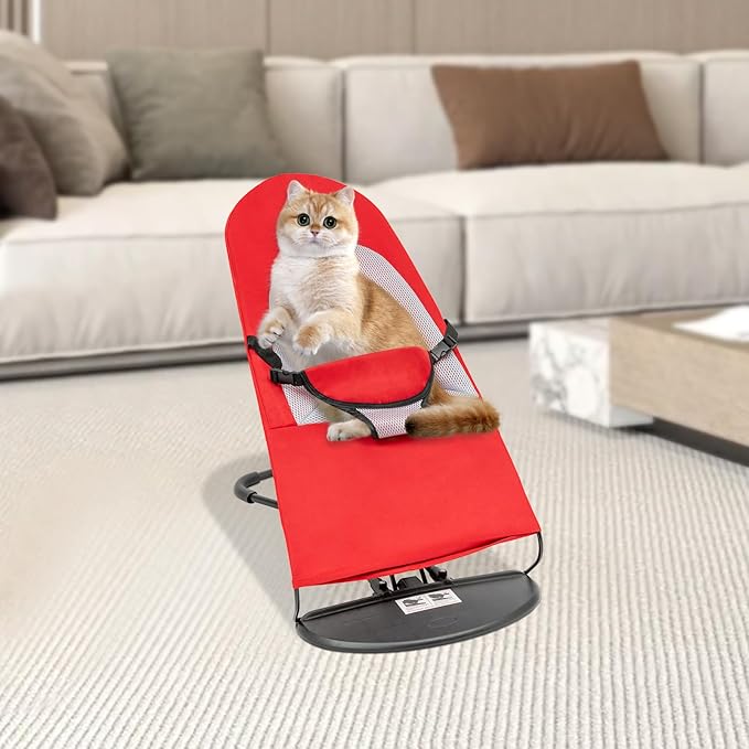 Pet Rocking Chair, Portable Foldable Pet Rocker Bed with 3-Level Adjustable Height, No Assembly Required Breathable Pet Lounger for Small Dogs & Cats Under 33lbs (Red)