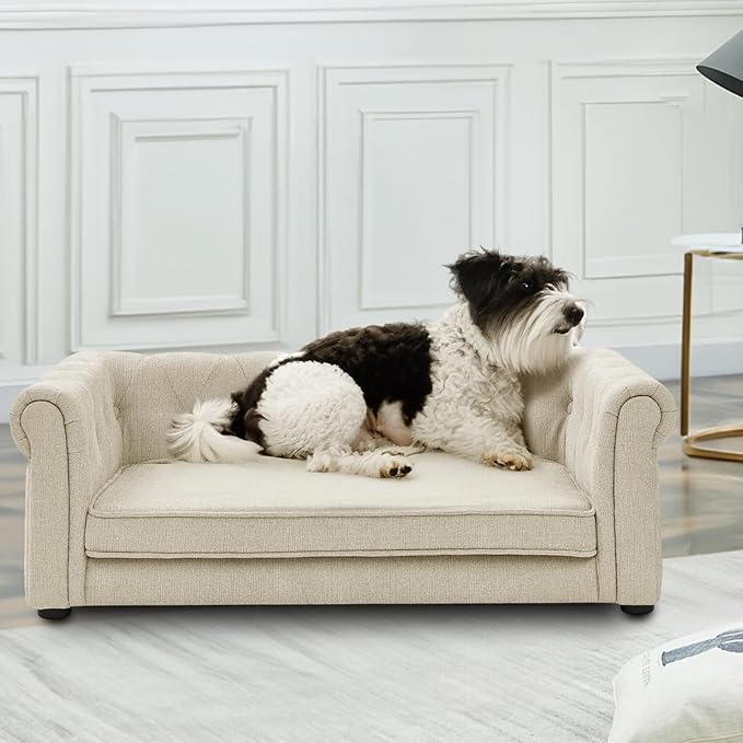 Elevated Rectangle Dog Sofa for Small & Medium Dogs - Comfortable Linen Fabric Dog Bed with Button Tufted Back, Durable Modern and Stylish Pet Bed for Living Room, Bedroom (Beige)