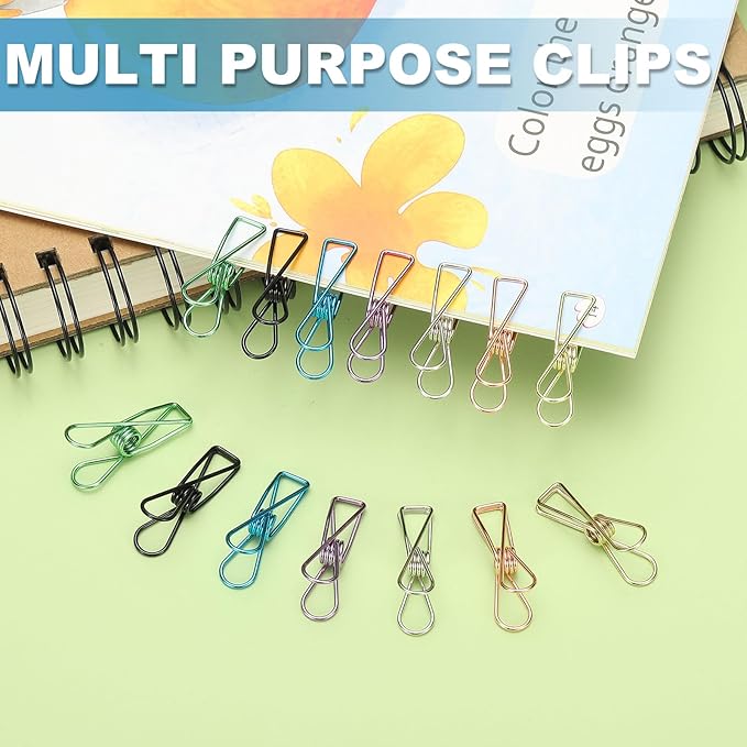 PATIKIL 50Pcs Paper Office Binder Clips, 1.26" Small Metal Wire Hollow Out Paper Clamps Long Tail Binder Clips for Photo Clothes Hanging Office Home Kitchen Food Package, Black/Purple