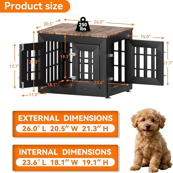 26" Heavy Duty Dog Crate Furniture for Small,Medium and Large Dogs,Rustic Wooden Dog Cage Kennel Indoor Furniture with Waterproof Top,Decorative Pet House Side End Table (Black & Wood)