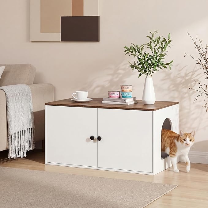 HOOBRO Cat Litter Box Enclosure, Hidden Litter Box Furniture with Side Entry, Litter Box Cabinet, Indoor Cat House, End Side Table, 31.5" L x 17.7" W x 16.3H, for Bathroom, White and Walnut WH40MW01