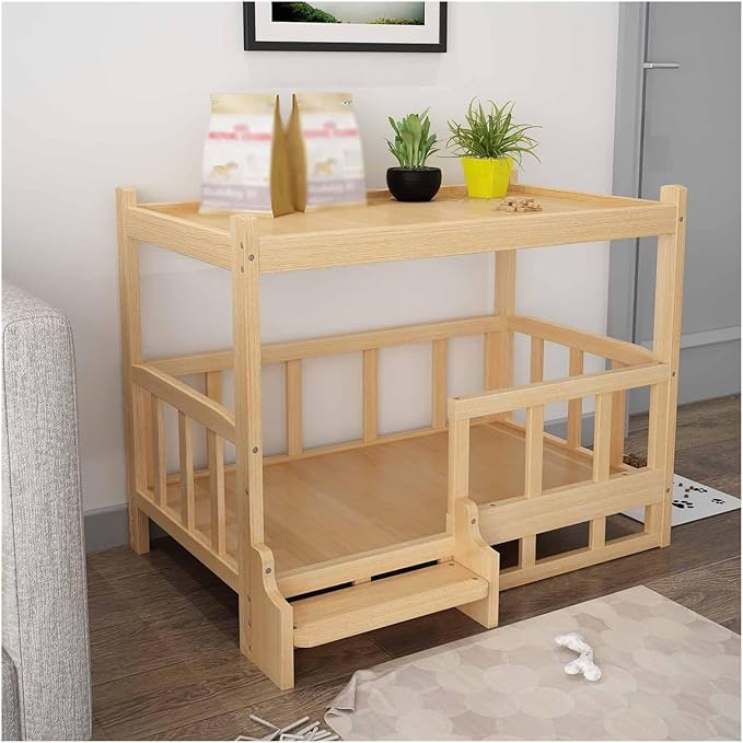 XPLKQXE Dog Bed Wood Platform, Elevated Pet Cushion Bed, Animal Couch with Mattress, Dog Beds & Furniture Rest Cot, Portable Fence Bed Pet Up to 45kg/100lbs(Color:Woody,Size:90x55x70cm)