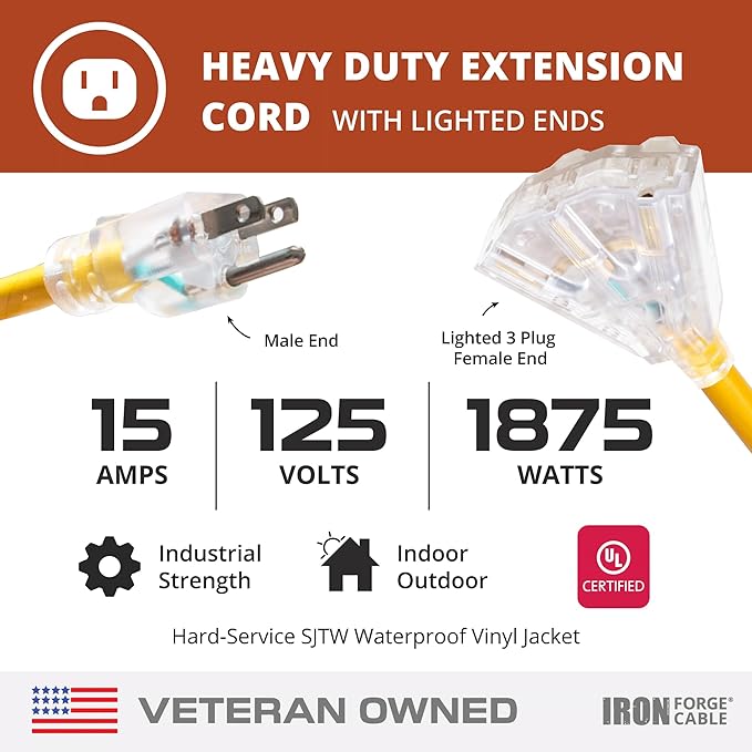 Iron Forge Cable 10 Gauge 25ft Lighted Outdoor Heavy Duty Extension Cord with 3 Outlets - 15 Amp 10/3 SJTW Yellow Extension Cord with Multiple Outlets - 2 Pack