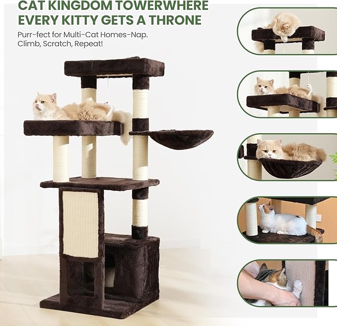 Cat Tree, 50.31-Inch Cat Tower for Indoor Cats, Cat House with Padded Platform Bed, Toy Mouse Ball, Large Cozy Condo, Hammocks and Sisal Scratching Posts for Kittens Play, Brown