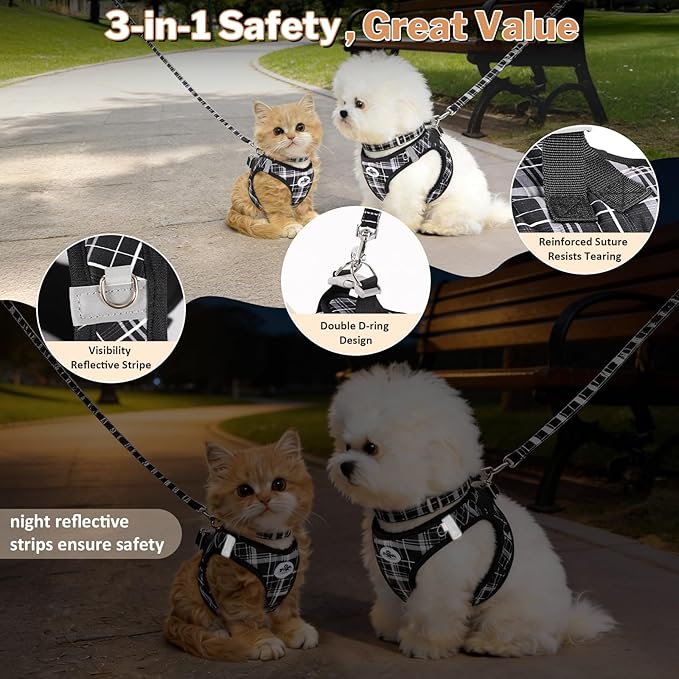 Gyuzh Small Dog Harness and Leash Set, 3-in-1 Step in No Pull Harness Vest Collar for Small Dogs & Cats, Lightweight Breathable Mesh Reflective Plaid with Padded Handle (Black, L)