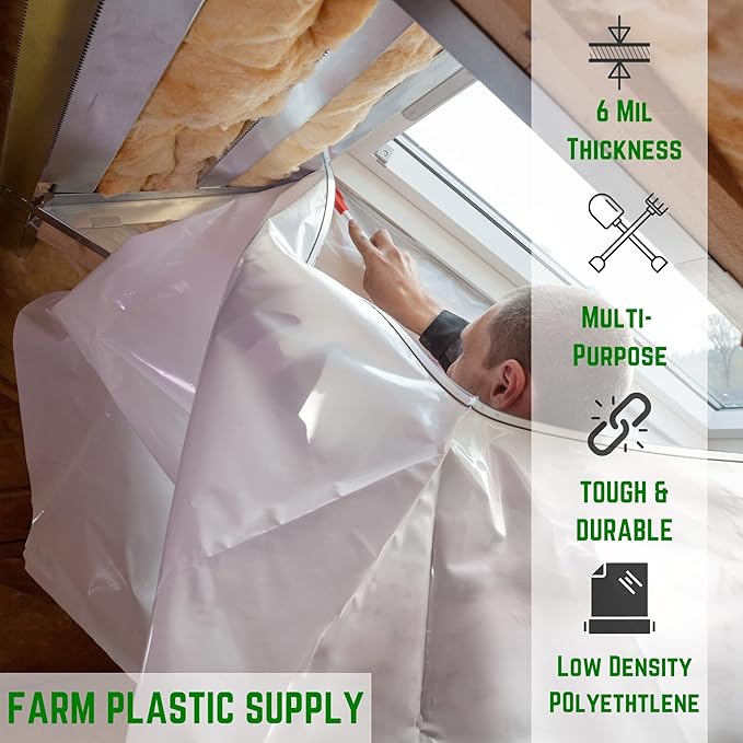Farm Plastic Supply - Clear Plastic Sheeting - 6 mil - (20' x 100') - Thick Plastic Sheeting, Heavy Duty Polyethylene Film, Drop Cloth Vapor Barrier Covering for Crawl Space
