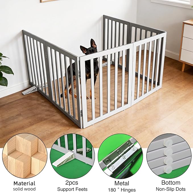 ZJSF Freestanding Indoor Dog Gate for House Foldable Wood Puppy Gate for Doorways Pet Gate for Stairs Extra Wide Pet Fence, Grey, 32" Height 6 Panels
