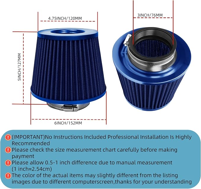 Universal Clamp-On Air Intake Filter, High Performance, Washable Filter