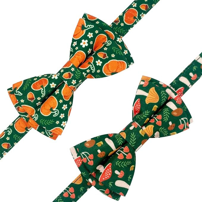 2 Pack Cotton Cat Collar with Bow Tie and Bell for Male Female Cats,Soft Fancy Breakaway Kitty Kitten Collar with Ghost& Pumpkin Patterned Design for Boy Girl Cats. (Pumpkin&Mushroom)