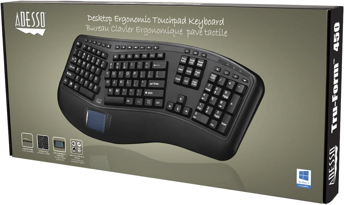 Adesso AKB-450UB Ergonomic Keyboard with Built-in Touchpad, Wired USB