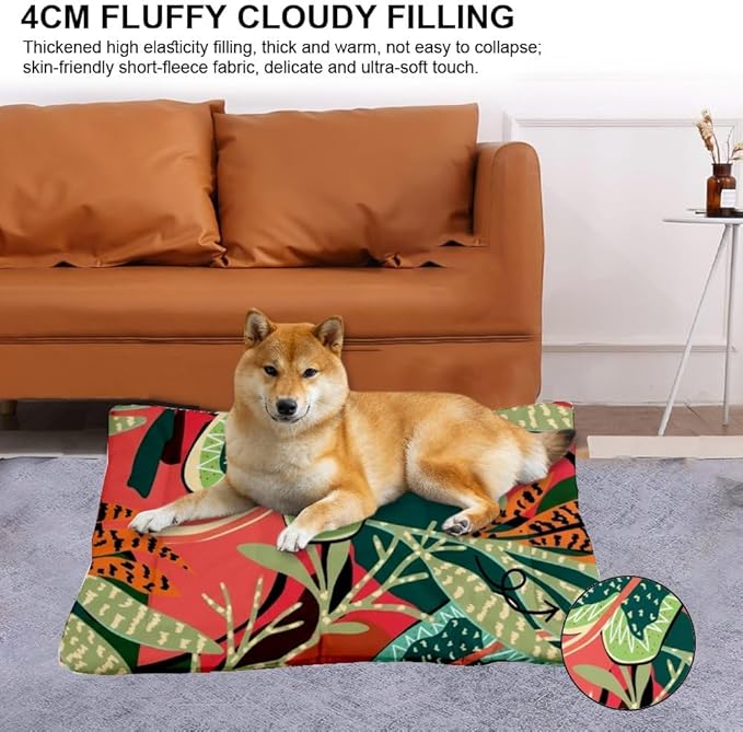 Green Red Tropical Leaves Dog Bed Puppy Patio Mat Pet Carrier Pad Puppy Bed for Crate Washable Non-Slip Dog Crate Pillow for Dogs Medium Mat Medium Sized Indoor Outdoor 36X24 Inch