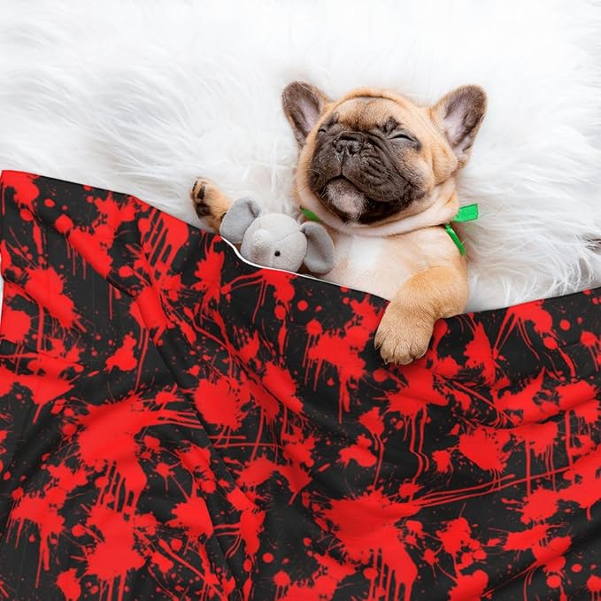 Reversible Pet Blanket for Easy Cleaning Maintenance, Classic Horror Blood Splatter Black, Double Sided Plush Dot Design Means Double Use Between Washes for Convenience