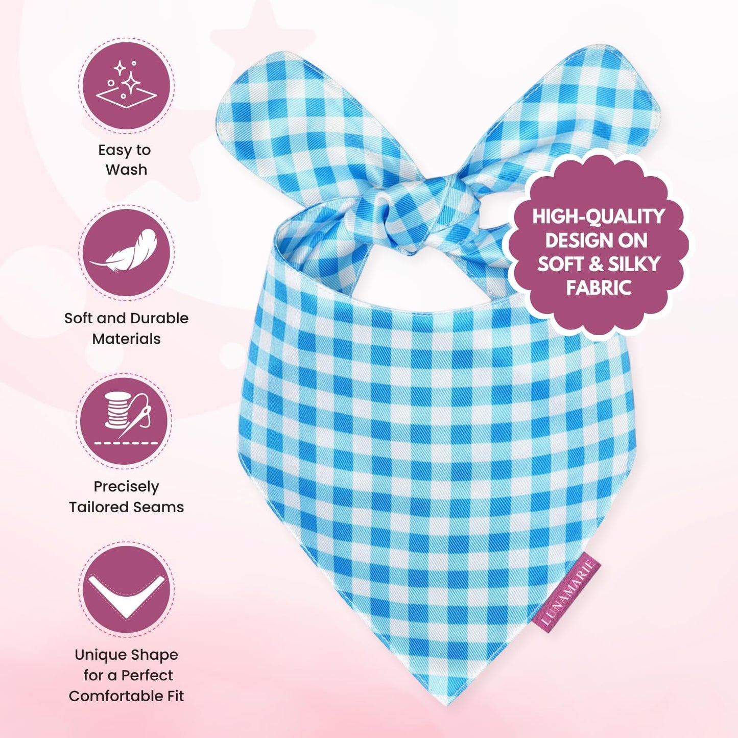 LunaMarie - Luxury Pet Birthday Bandanas -Premium & Silky Poly Fabric | 100% Handmade | Custom Shape Dual Layered (Blue Checkers, Small)