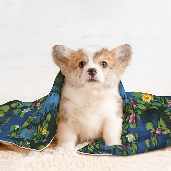 Two Sided Plush Pet Blanket for Crates Carriers Home Use, Water Lilies Monet Painting, Reversible Throw with Cozy Dot Fabric and Silky Reverse for Small Large Pets