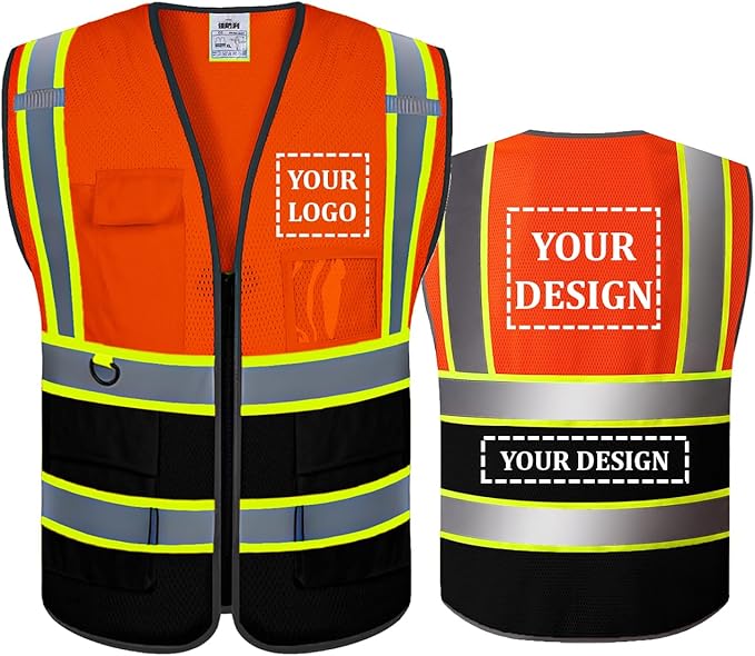 BeautyWill Custom Safety Vest Customized Logo Mesh Vest Class2 High Visibility Reflective Vest with Pockets Orange Workwear（Orange Black，XL ）