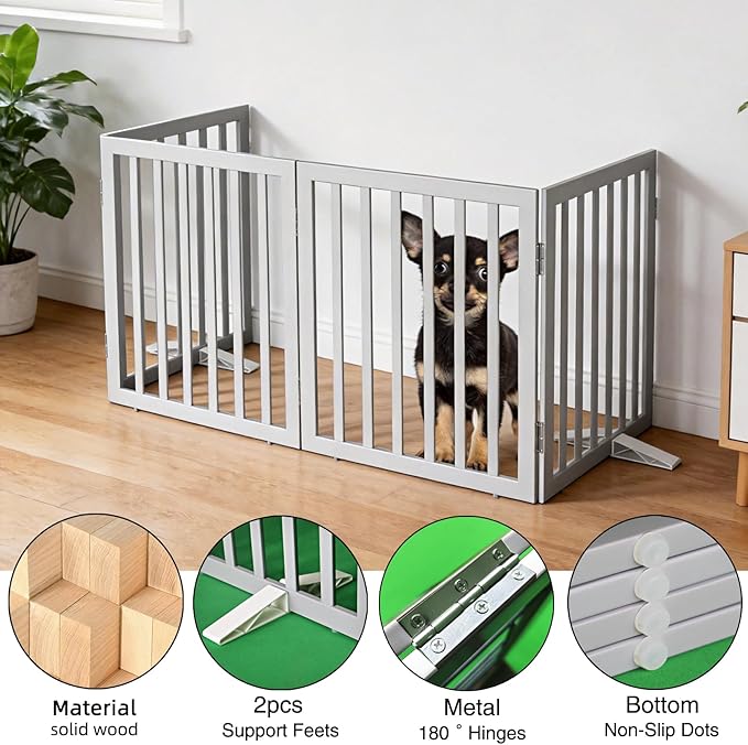 ZJSF Freestanding Indoor Dog Gate for House Foldable Wood Puppy Gate for Doorways Pet Gate for Stairs Extra Wide Pet Fence, Grey, 32" Height 4 Panels