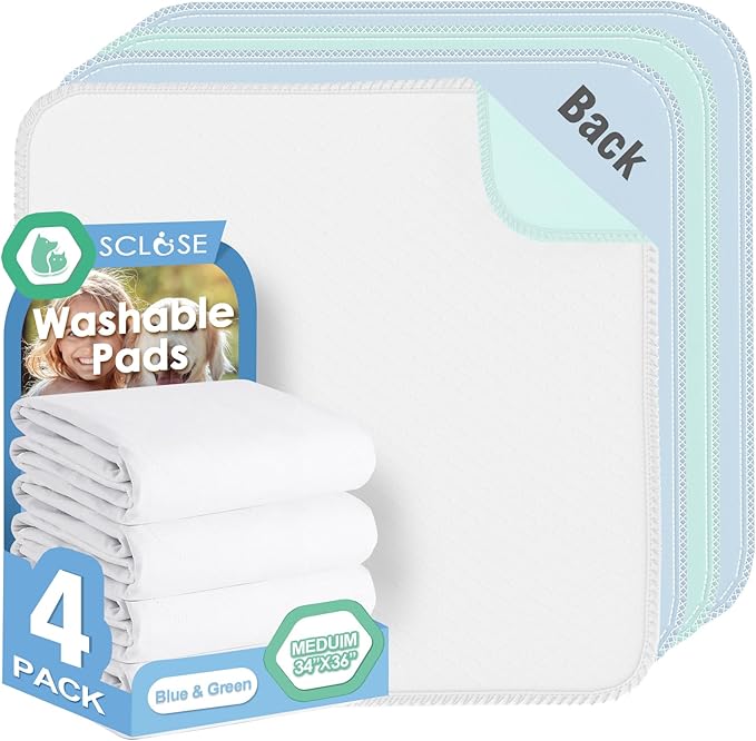Washable Pee Pads for Dogs 4 Pack, 34" x 36" Waterproof Incontinence Bed Pads for Adults, Elderly and Kids, Nursing Pads, Chucks Pads, Super Asorbent Training Pads, Whelping Pads, Blue & Green