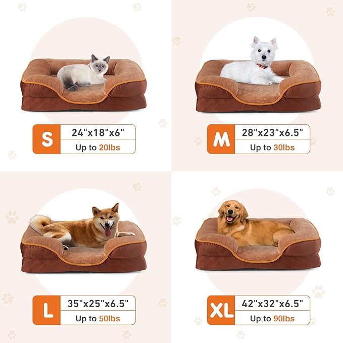 Sweetcrispy Orthopedic Dog Bed, Large Memory Foam Puppy Cat Bed with Washable Waterproof Removable Cover & Non-Slip Bottom for Pet Calming Sleeping (35"x25", Brown)