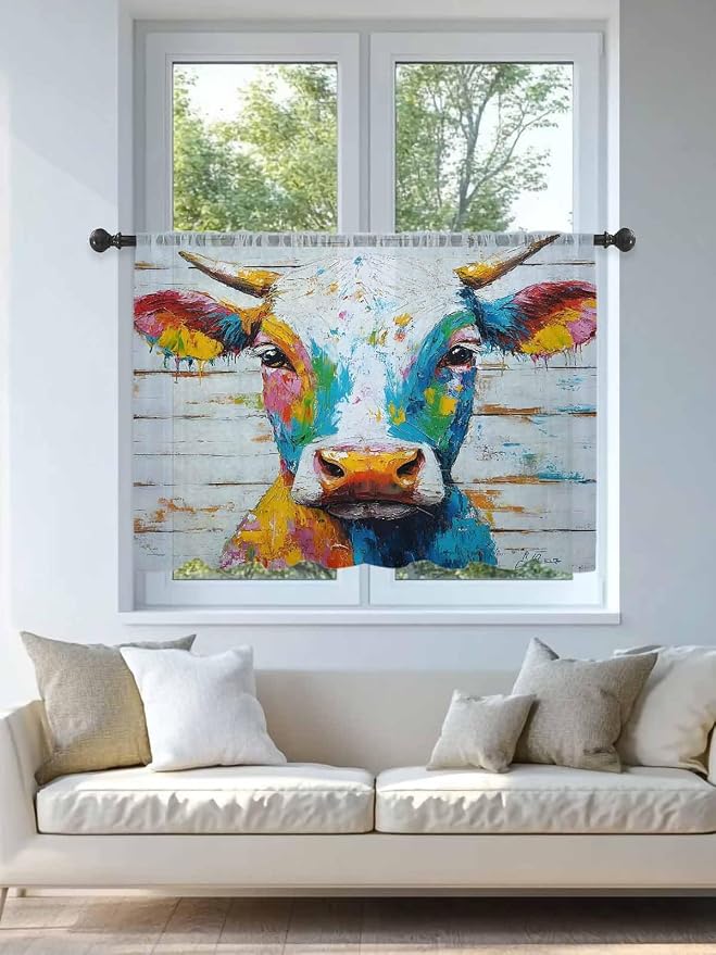 Sheer Curtains 54 Inch Length, Funny Colorful Cow Semi Sheer Curtains Light