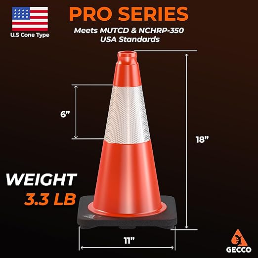 GECCO ™ (320 Cones per Pallet) 18 Inch 3.3 Lb Small Orange Traffic Cones in Bulk | Wholesale Safety Cones, Orange Cones, Parking Cones, Construction Cones | PVC Plastic & Black Base - [PRO Series]