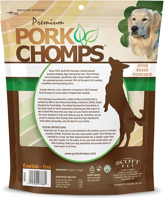 Pork Chomps Baked Pork Skin Dog Chews, 11 Inch Knots, 4 Count, 1 Pack - Long-Lasting Treats for Dogs - High Protein, Rawhide-Free, Low Fat, Healthy & Delicious Chews